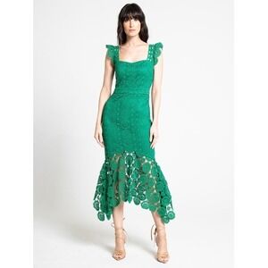 Lena Green Crochet Lace Midi Dress Square Neck‎ Ruffle Sleeve Fishtail